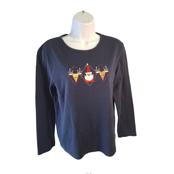 Vintage MC Sportswear Christmas Reindeer Santa TShirt M Navy Embroidered Festive - Picture 2 of 7